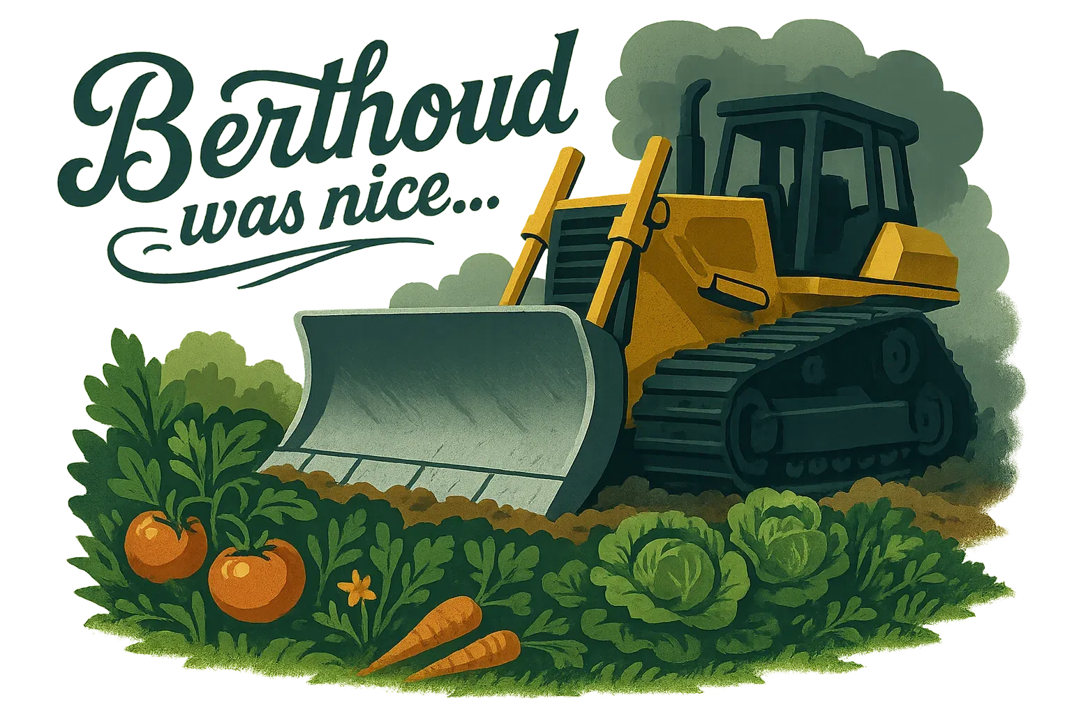 A bulldozer pushing dirt and over flowers